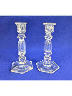 Clear Crystal Candlestick Candle Holders 6" Faceted Knop Hexagonal Base Vintage